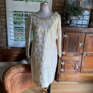 J. CREW WHITE & FLORAL GOLD METALLIC DRESS EMBELLISHED NECK 6 NEW
